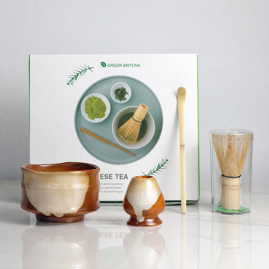 Ivory ceramic matcha tea ceremony set arranged with its gift box