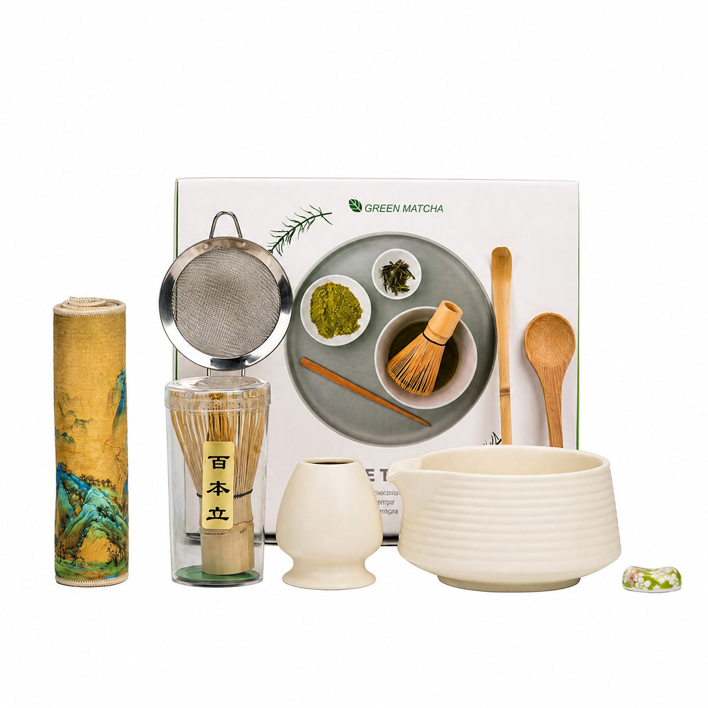 Eight-piece matcha tea set on a white background: bowl, bamboo whisk, whisk stand and tools