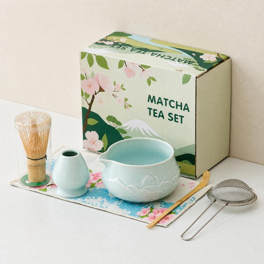 Six-piece Japanese matcha whisk set with ceramic bowl and gift box