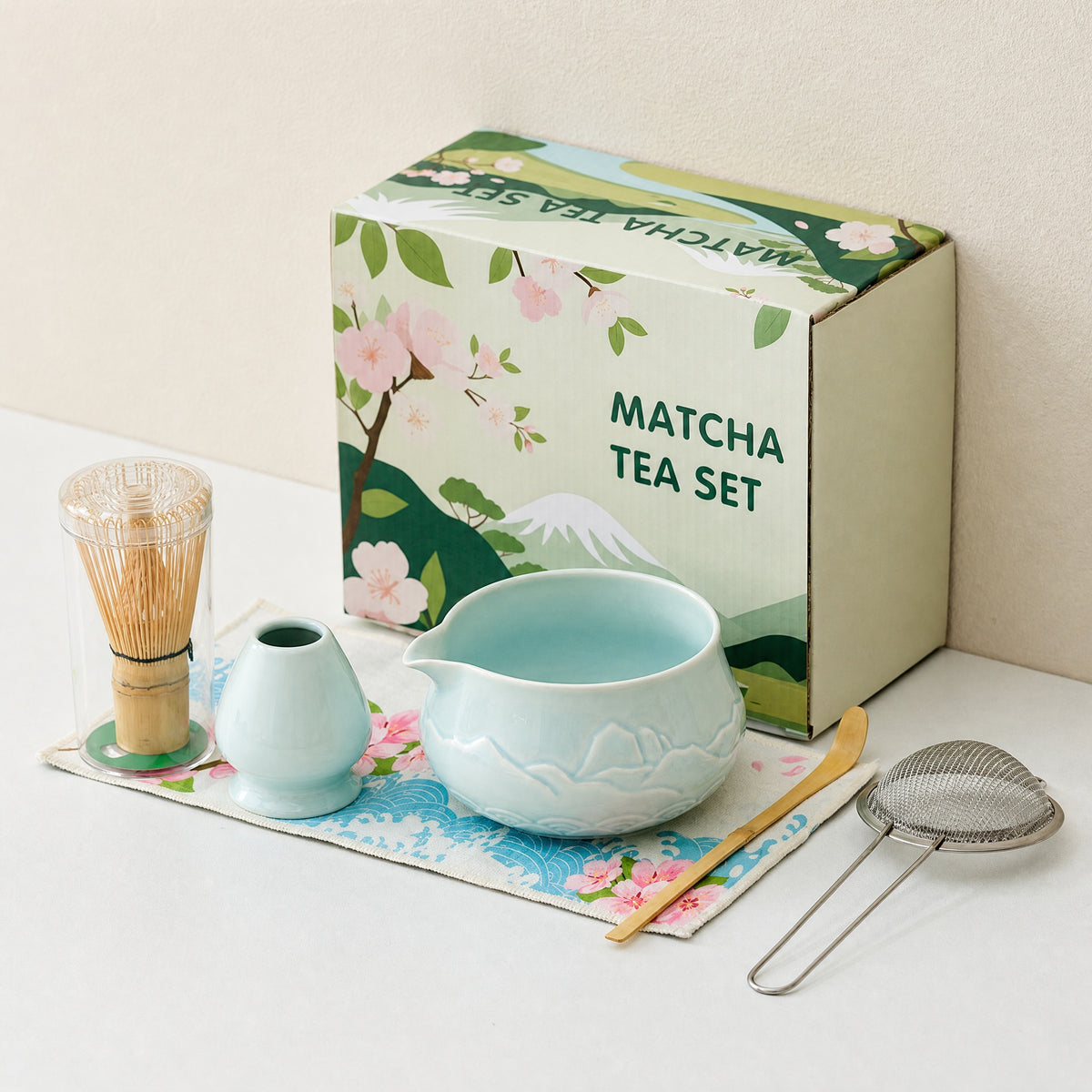 Six-piece Japanese matcha whisk set with ceramic bowl and gift box