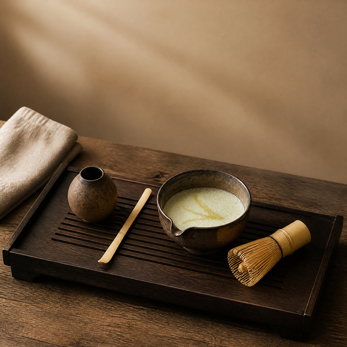 Four-piece kiln-glaze matcha set on a dark wooden tea tray in a warm tea-room setting